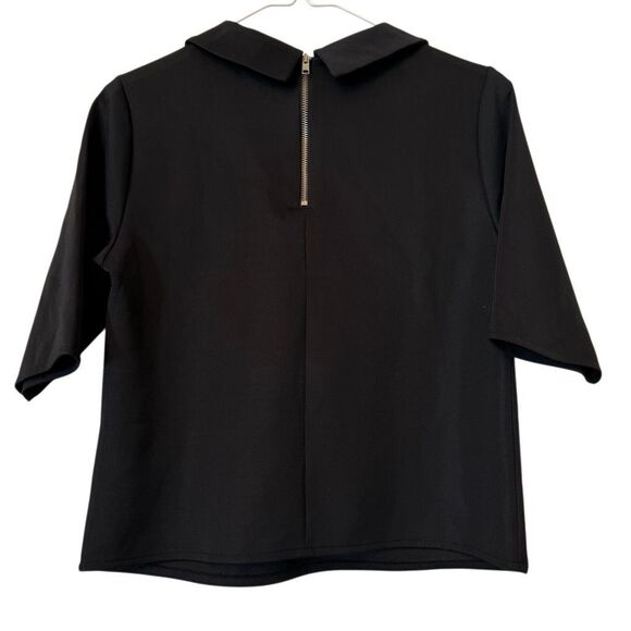 ZARA Collection Collared Back Zip Half Sleeve Stretch Blouse Black Large - Picture 2 of 5